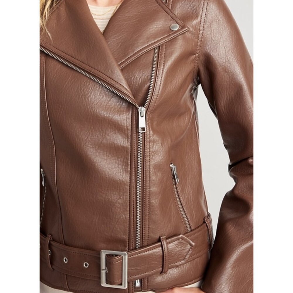 NWT Old Navy Brown Moto Jacket Faux Leather Biker  Waist Belt Size XXL - Picture 3 of 8